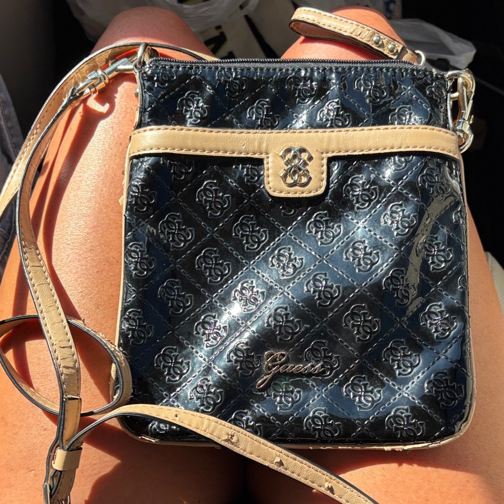 Guess Glossy Black and Tan Crossbody Bag